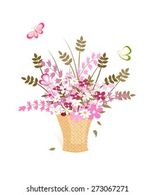many pink wild flowers in straw basket and flying butterfly on white background, vector illustration