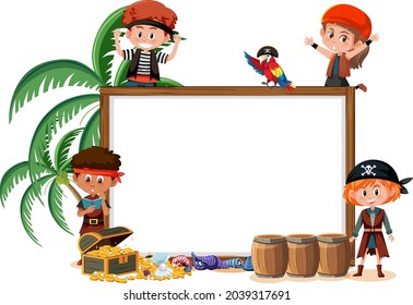 Many pirate kids with blank banner template illustration