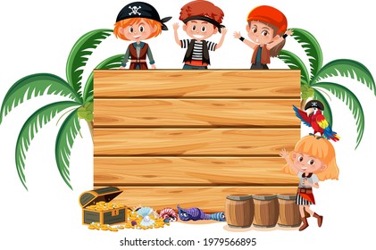 Many pirate kids with an empty banner isolated on white background illustration