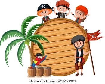 Muchos niños piratas con un cartel vacío aislado en ilustración de fondo blanco