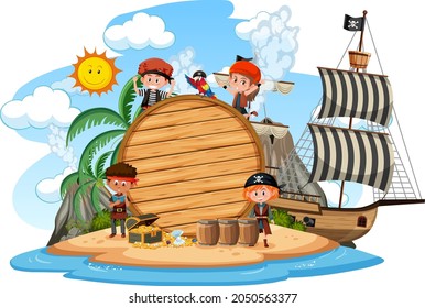 Many pirate kids on the island with blank banner template isolated illustration