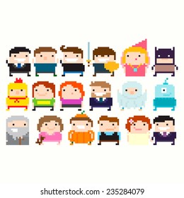 Many pixel art funny characters: businessman, warrior, princess, wizard, superhero, halloween party costume, alien, little girl in pajamas, wedding couple