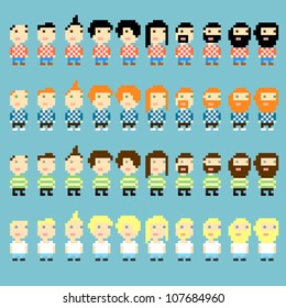 Many pixel art icons with different men's haircuts and clothes, vector