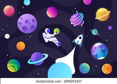 Many planets in space, a rocket and an astronaut. Night sky, stars. Cartoon horizontal vector illustration.
