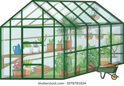 Many Plants in Greenhouse with glass wall and wheelbarrow on white background illustration