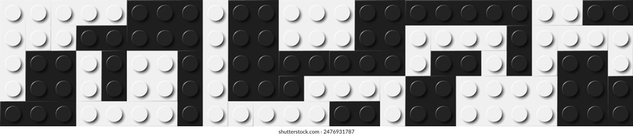 Many plastic building toy blocks banner. Background of bricks in black and white colors. Close-up of bricks viewed from above. Abstract vector background illustration