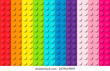 Many plastic building toy blocks background. Wallpaper of bricks in different colors. Close-up of a colorful bricks viewed from above. Abstract vector background illustration