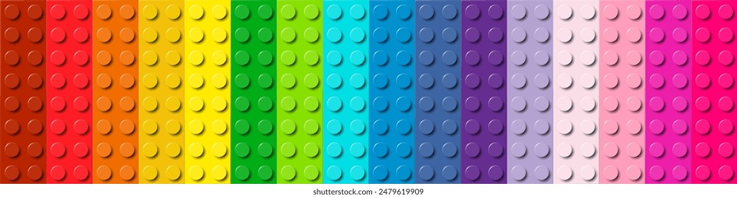 Muchos bloques de plástico de construcción de juguetes de Anuncio. Fondo de ladrillos en diferentes colores. Primer plano de un colorido ladrillo visto desde arriba. Ilustración de fondo de Vector Abstractas