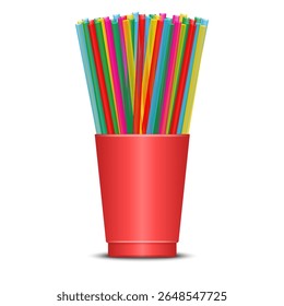 Muitos canudos de plástico em um copo vermelho isolado em branco realista vetor 3d vista frontal, variedade vibrante de utensílio de bar colorido, acessório de festa, celebração e bebida cocktails.