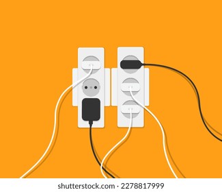 Many plugs, wires and electrical appliances are included in the socket. Multi-socket adapter, electrical extension cord. Overload of the electrical network. Vector illustration.