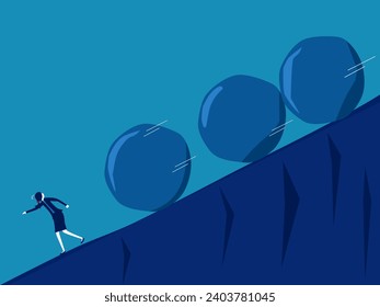 Many problems arise. Businesswoman running away from crisis stones. vector 