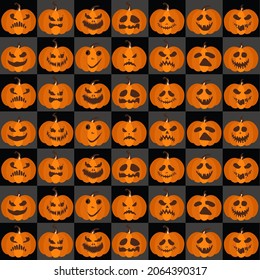 Many pumpkin halloween faces pattern on dark shade background. Childish handcrafted for design card, scrapbook, textile, t shirt etc.what do you think when holloween day concept.