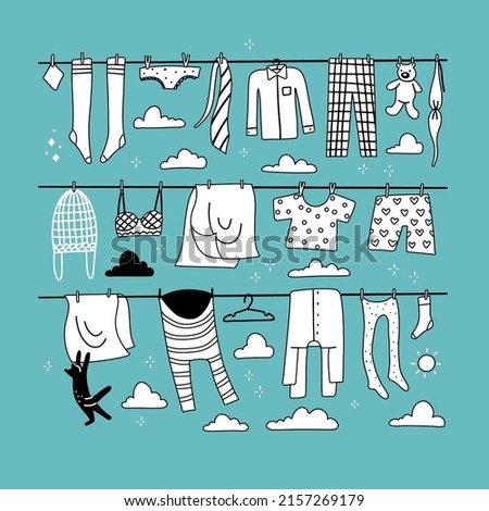 Many pure clothes and things hanging on the rope after laundry. Doodle hand drawn linear vector illustration.