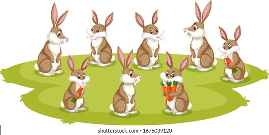 Many rabbits on the green grass illustration