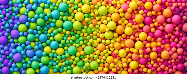Many rainbow gradient random bright soft balls background. Colorful balls background for kids zone or children's playroom. Huge pile of colorful balls in different sizes. Vector background
