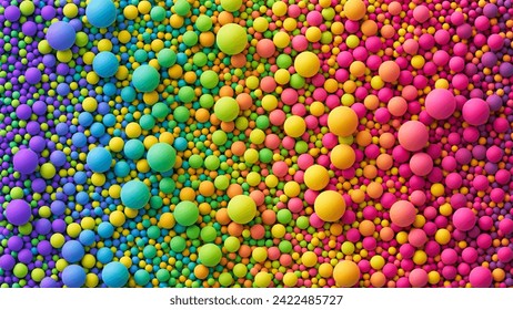 Many rainbow gradient random bright soft balls background. Colorful balls background for kids zone or children's playroom. Top view of huge pile of colorful balls in different sizes. Vector background