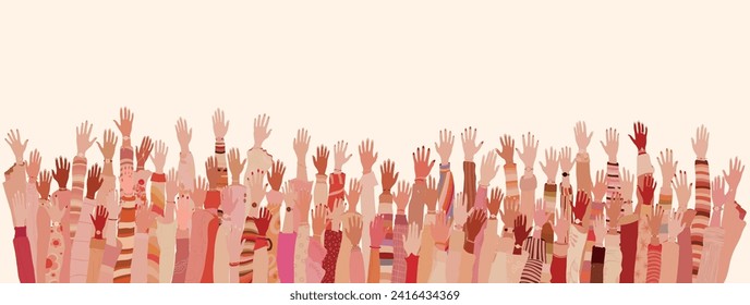 Many raised hands and arms of multicultural women. International Women’s day. Equality Allyship. Female social community of diverse culture. Empowerment or inclusion.Banner copy space