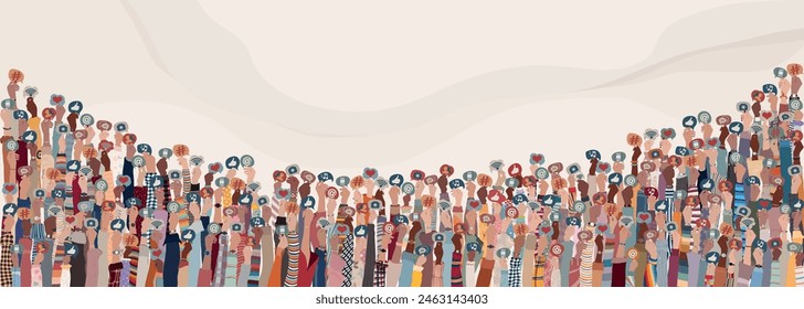 Many raised hands of multicultural people holding speech bubble with social media signs and symbols. Concept sharing friendship exchange community communication on social media. Banner