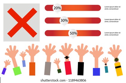 Many raised hands, results show in percent, cross sign in the paper, Voting concept 