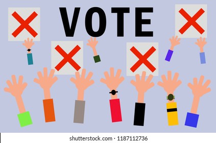 Many raised hands, vote concept. 