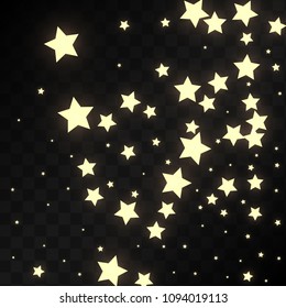 Many Random Falling Golden Stars Confetti on Black Background. Beautiful Night Sky. Invitation Background. Banner, Greeting Card,  New Year and Christmas card, Postcard, Packaging, Textile Print.
