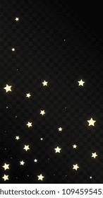 Many Random Falling Golden Stars Confetti on Black Background. Vector illustration. Invitation Background. Banner, Greeting Card,  New Year and Christmas card, Postcard, Packaging, Textile Print.