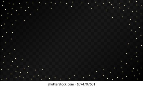 Many Random Falling Golden Stars Confetti on Black Background. Beautiful Night Sky. Invitation Background. Banner, Greeting Card, Christmas and New Year card, Postcard, Packaging, Textile Print.
