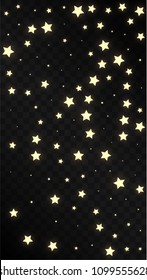 Many Random Falling Golden Stars Confetti on Dark Background. Vector Stars Sky. Invitation Background. Banner, Greeting Card,  New Year and Christmas card, Postcard, Packaging, Textile Print.