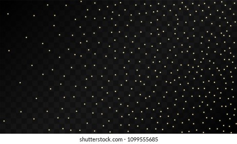 Many Random Falling Golden Stars Confetti on Dark Background. Beautiful Night Sky. Invitation Background. Banner, Greeting Card,  New Year and Christmas card, Postcard, Packaging, Textile Print.