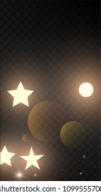 Many Random Falling Golden Stars Confetti on Black Background. Vector Stars Sky. Invitation Background. Banner, Greeting Card, Christmas and New Year card, Postcard, Packaging, Textile Print.