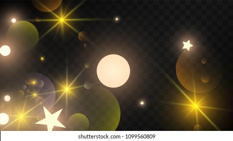 Many Random Falling Golden Stars Confetti on Black Background. Beautiful Night Sky. Invitation Background. Banner, Greeting Card, Christmas and New Year card, Postcard, Packaging, Textile Print.