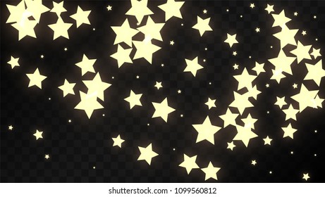Many Random Falling Golden Stars Confetti on Black Background. Vector Stars Sky. Invitation Background. Banner, Greeting Card,  New Year and Christmas card, Postcard, Packaging, Textile Print.