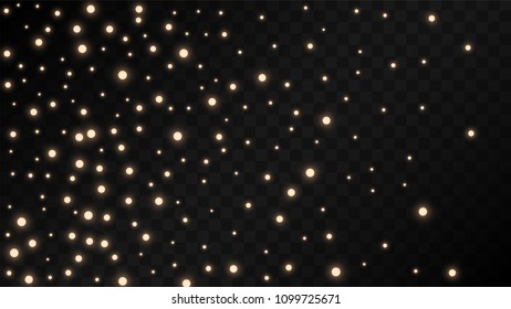 Many Random Falling Golden Stars Confetti on Black Background. Vector Stars Sky. Invitation Background. Banner, Greeting Card, Christmas and New Year card, Postcard, Packaging, Textile Print.