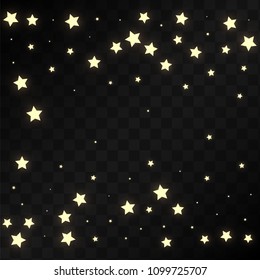 Many Random Falling Golden Stars Confetti on Black Background. Beautiful Night Sky. Invitation Background. Banner, Greeting Card,  New Year and Christmas card, Postcard, Packaging, Textile Print.