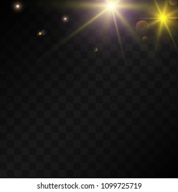 Many Random Falling Golden Stars Confetti on Black Background. Beautiful Night Sky. Invitation Background. Banner, Greeting Card,  New Year and Christmas card, Postcard, Packaging, Textile Print.