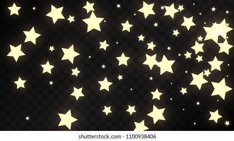 Many Random Falling Golden Stars Confetti on Black Background. Vector illustration. Invitation Background. Banner, Greeting Card,  New Year and Christmas card, Postcard, Packaging, Textile Print.