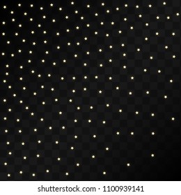 Many Random Falling Golden Stars Confetti on Black Background. Beautiful Night Sky. Invitation Background. Banner, Greeting Card, Christmas and New Year card, Postcard, Packaging, Textile Print.