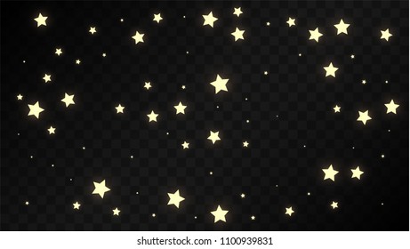 Many Random Falling Golden Stars Confetti on Dark Background. Beautiful Night Sky. Invitation Background. Banner, Greeting Card, Christmas and New Year card, Postcard, Packaging, Textile Print.