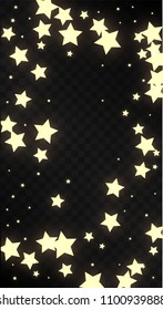 Many Random Falling Golden Stars Confetti on Black Background. Vector Stars Sky. Invitation Background. Banner, Greeting Card,  New Year and Christmas card, Postcard, Packaging, Textile Print.