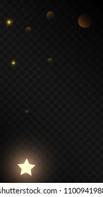 Many Random Falling Golden Stars Confetti on Black Background. Vector illustration. Invitation Background. Banner, Greeting Card,  New Year and Christmas card, Postcard, Packaging, Textile Print.