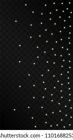 Many Random Falling Golden Stars Confetti on Black Background. Vector illustration. Invitation Background. Banner, Greeting Card,  New Year and Christmas card, Postcard, Packaging, Textile Print.