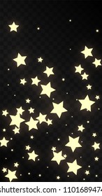 Many Random Falling Golden Stars Confetti on Dark Background. Vector illustration. Invitation Background. Banner, Greeting Card, Christmas and New Year card, Postcard, Packaging, Textile Print.