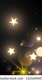 Many Random Falling Golden Stars Confetti on Black Background. Beautiful Night Sky. Invitation Background. Banner, Greeting Card, Christmas and New Year card, Postcard, Packaging, Textile Print.