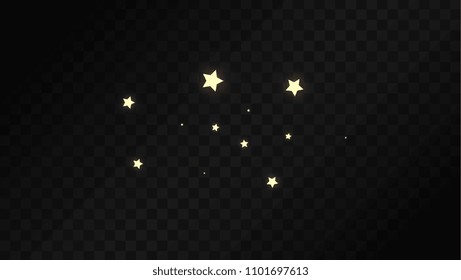 Many Random Falling Golden Stars Confetti on Dark Background. Beautiful Night Sky. Invitation Background. Banner, Greeting Card, Christmas and New Year card, Postcard, Packaging, Textile Print.