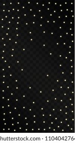 Many Random Falling Golden Stars Confetti on Dark Background. Beautiful Night Sky. Invitation Background. Banner, Greeting Card,  New Year and Christmas card, Postcard, Packaging, Textile Print.