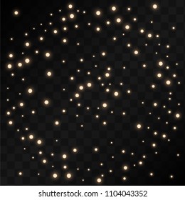 Many Random Falling Golden Stars Confetti on Black Background. Vector Stars Sky. Invitation Background. Banner, Greeting Card, Christmas and New Year card, Postcard, Packaging, Textile Print.