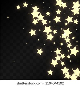 Many Random Falling Golden Stars Confetti on Dark Background. Beautiful Night Sky. Invitation Background. Banner, Greeting Card,  New Year and Christmas card, Postcard, Packaging, Textile Print.