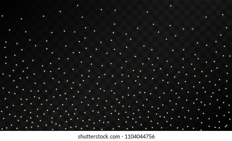 Many Random Falling Golden Stars Confetti on Dark Background. Vector illustration. Invitation Background. Banner, Greeting Card, Christmas and New Year card, Postcard, Packaging, Textile Print.