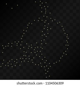 Many Random Falling Golden Stars Confetti on Dark Background. Beautiful Night Sky. Invitation Background. Banner, Greeting Card, Christmas and New Year card, Postcard, Packaging, Textile Print.