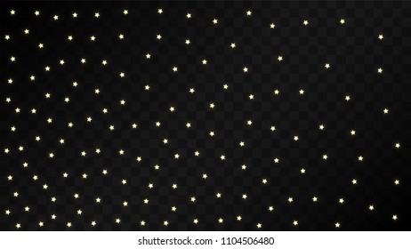 Many Random Falling Golden Stars Confetti on Dark Background. Beautiful Night Sky. Invitation Background. Banner, Greeting Card,  New Year and Christmas card, Postcard, Packaging, Textile Print.
